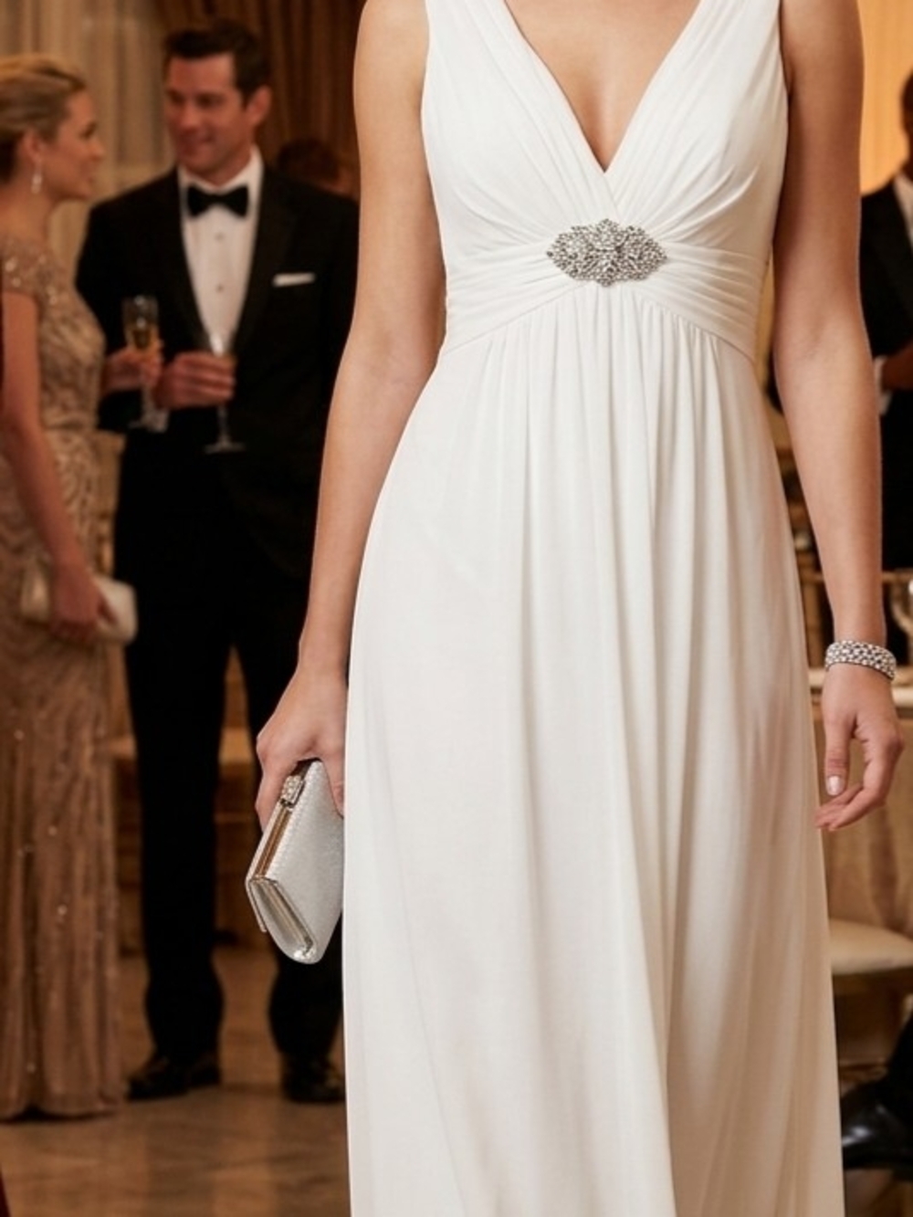bcbgmaxazria White Grecian  Style Embellished Evening Maxi Dress Size  Medium